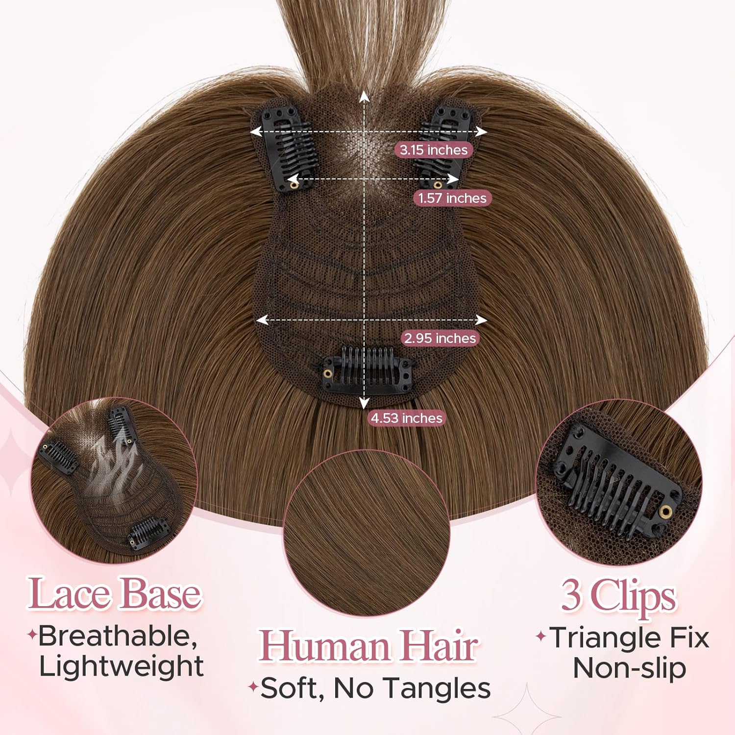 SEGOHAIR Hair Toppers for Women Real Human Hair with Wispy Bangs 3.15"x4.53" Lase Base Hair Piece with 3 Clips Easy Clip-in for Daily Volume Styling Solution 12Inches （#4R Medium Brown