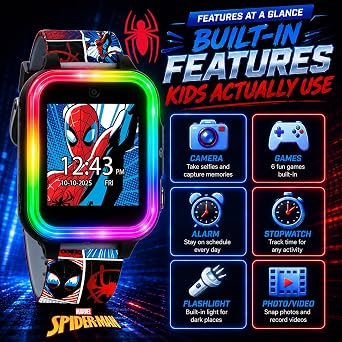 Marvel Spider-Man Kids Smart Watch with Touchscreen Camera Games Voice Recorder Flashing Bezel Alarm Stopwatch Step Counter Printed Silicone Band Fits Wrist Sizes 5.5 to 8