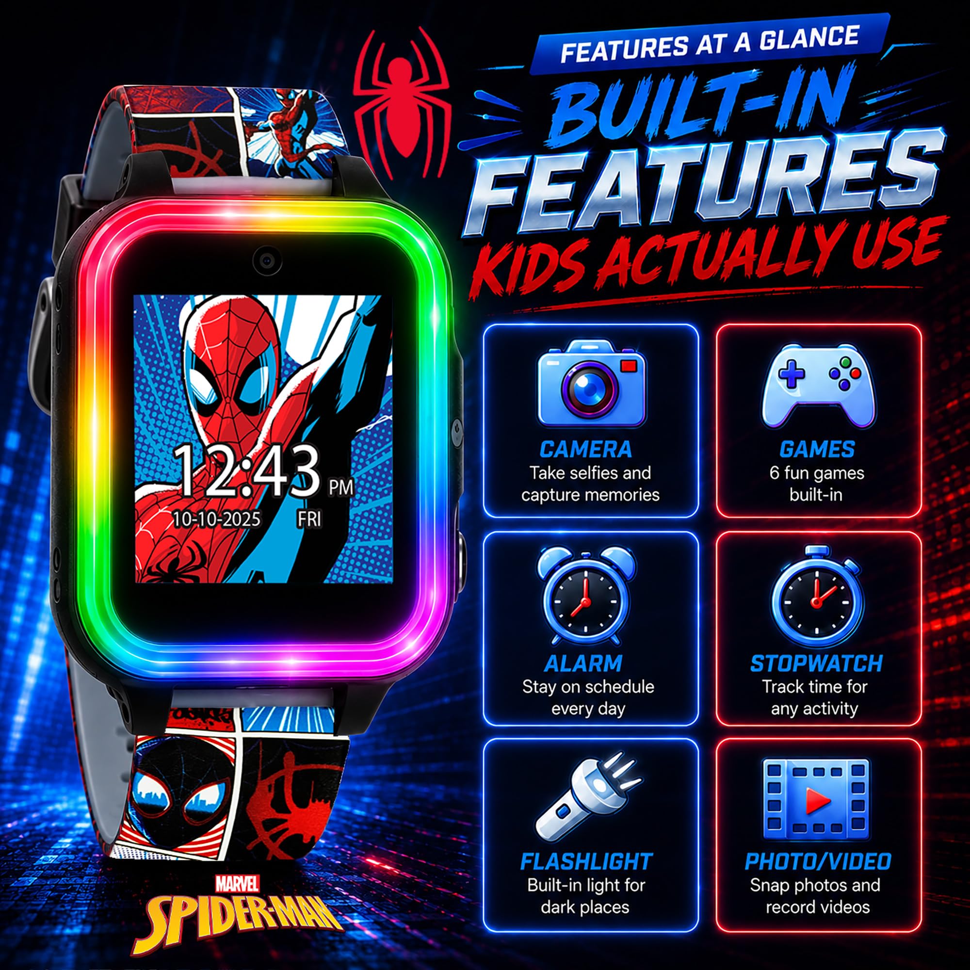 Marvel Spider-Man Kids Smartwatch interattivo con touchscreen, giochi, fotocamera, timer e contapassi, per ragazzi e ragazze, 10 quadranti, 3 sfondi, cinturino rosso e blu, lunetta luminosa a LED,