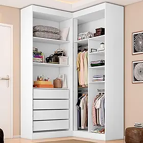 Guarda-Roupa Closet Modulado Casal sem Portas Canto em L com 4 Gavetas e 3 Cabideiros Versatille Yescasa Branco