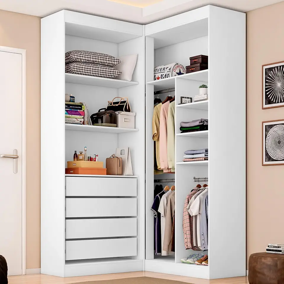 Guarda-Roupa Closet Modulado Casal sem Portas Canto em L com 4 Gavetas e 3 Cabideiros Versatille Yescasa Branco