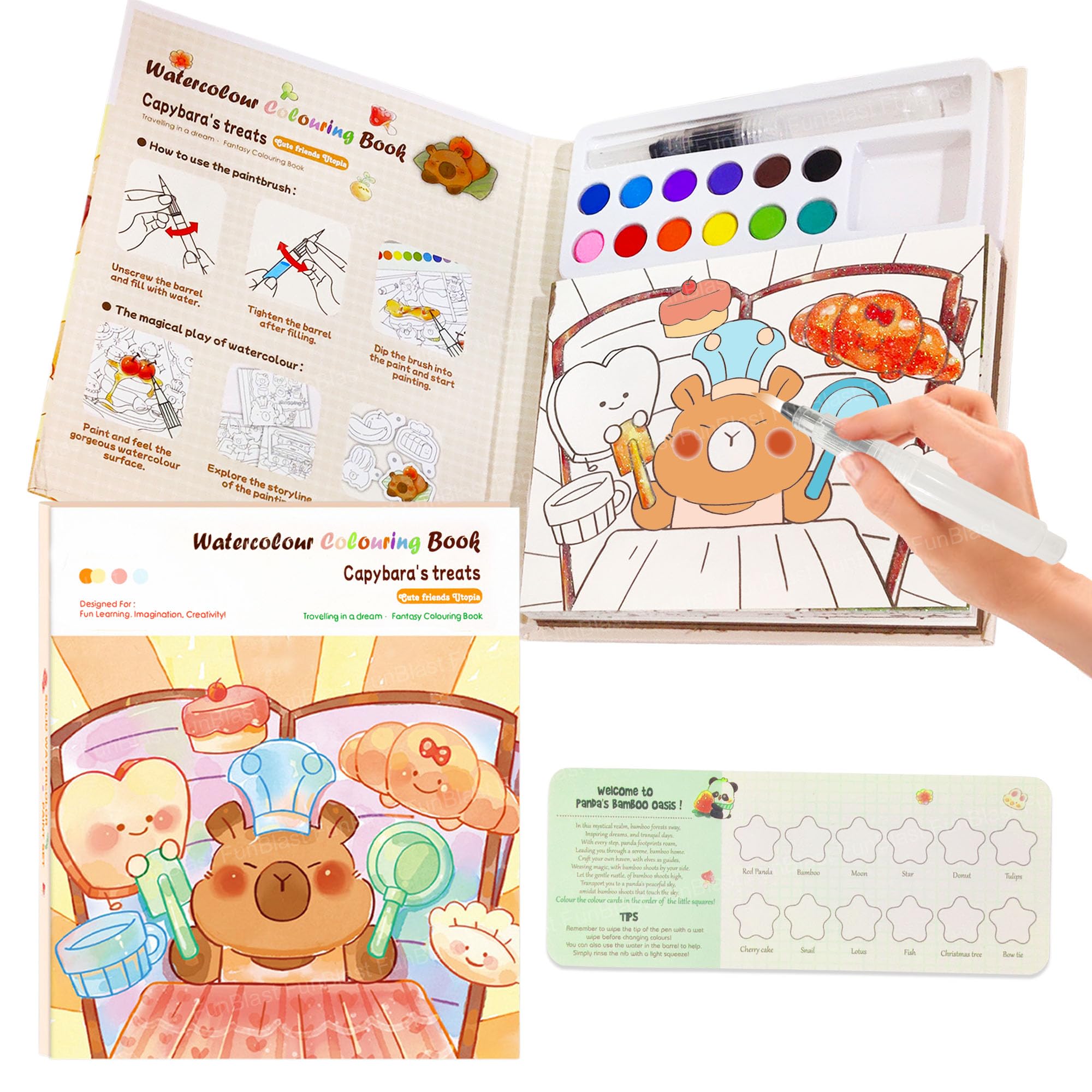 FunBlast Capybara Coloring Book for Kids – Watercolor Painting Book Set, DIY Graffiti Coloring Note-Book with Watercolor Gouache Brush, Creative Coloring Book for Kids (Capybara)-image-38