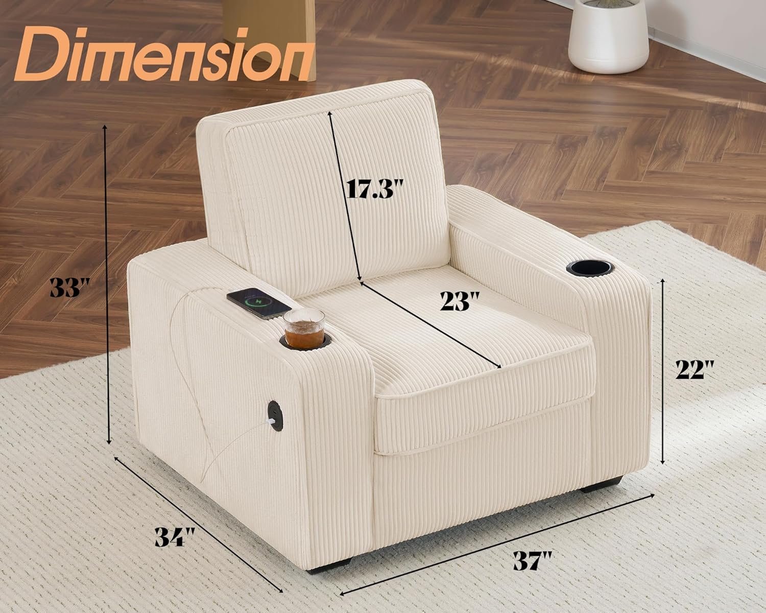 VanAcc Sofa, Comfy Couch- Deep Seat Sofa, Modern Couch with Cup Holders & USB Charging Ports, Sofa Chair for Living Room(Beige Corduroy)