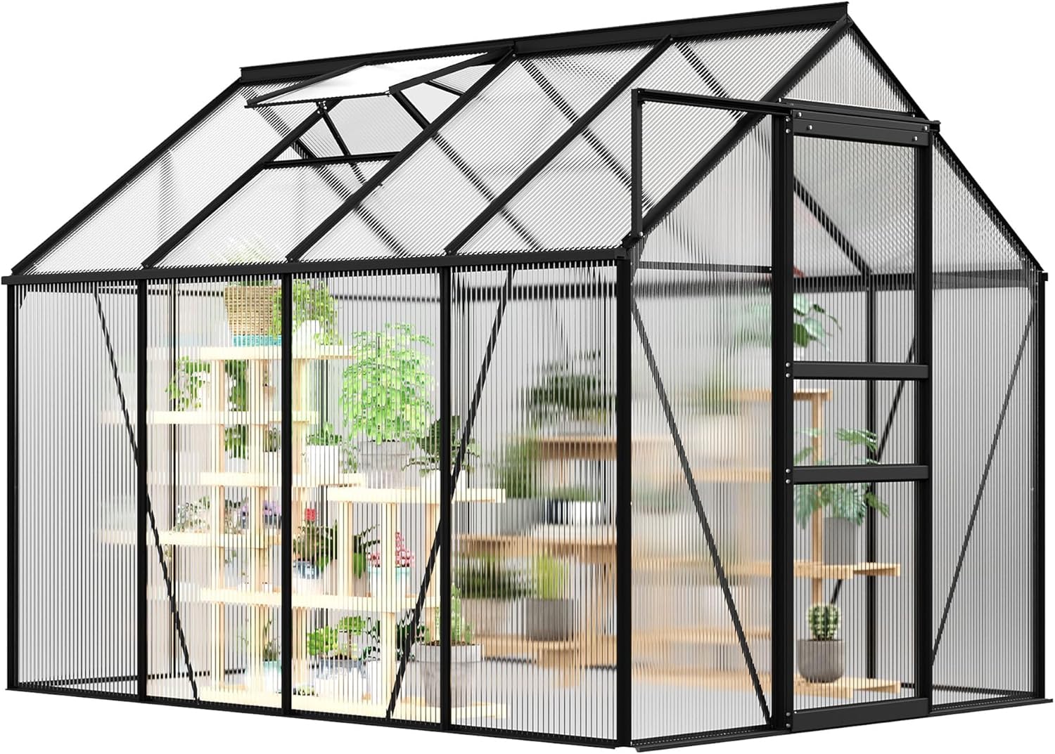 6x8 ft Outdoor Greenhouse, Heavy-Duty Large Walk in Polycarbonate Outdoor Greenhouse with Aluminum Frame, Sliding Door & Adjustable Roof Vent, for Backyard, Garden, Patio, for All Seasons, Black