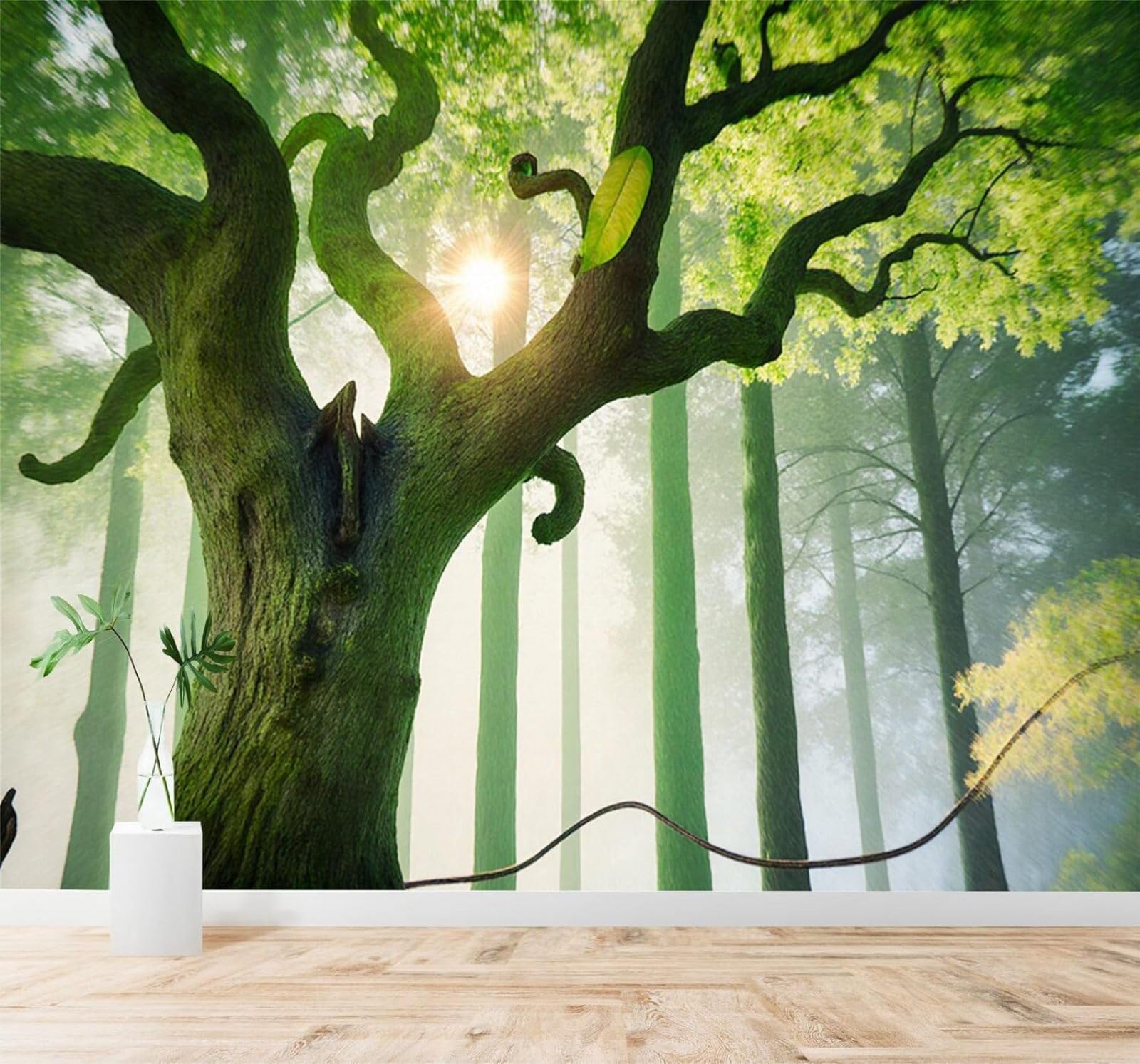 XLMING Fresh Sunshine Large Trees Green Misty Forest 3D Wallpaper Silky Texture Home Study Office Grey Dining Room Sofa Bedroom Living Room TV Backdrop-400cm×280cm