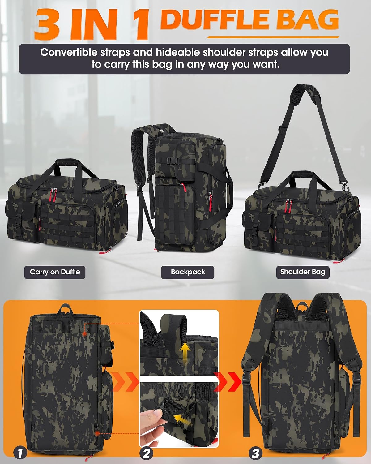 RAINSMORE Gym Bag for Men, 45L Sports Travel Duffel Bag with Shoe & Laptop Compartment, Gym Workout Backpack Carry On Weekender Bag Overnight Backpack for Travel, Green Camo