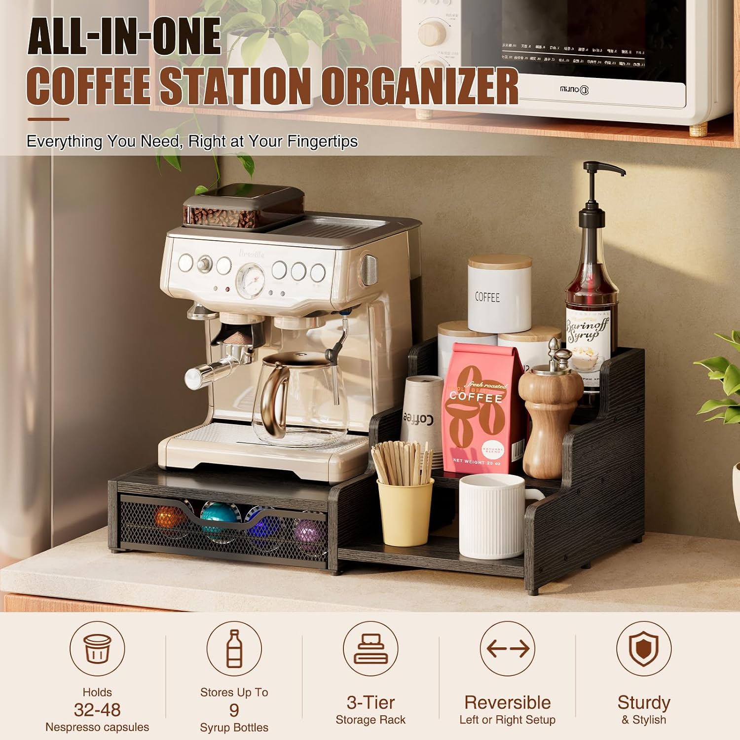 Coffee Station Organizer Compatible with Nespresso Vertuo Pods, Holds 48 Small or 32 Large Pods, 3-Tier Coffee Bar Organizer with K-Cup Holder, Coffee Pod Drawer & Syrup Cups Rack for Accessories