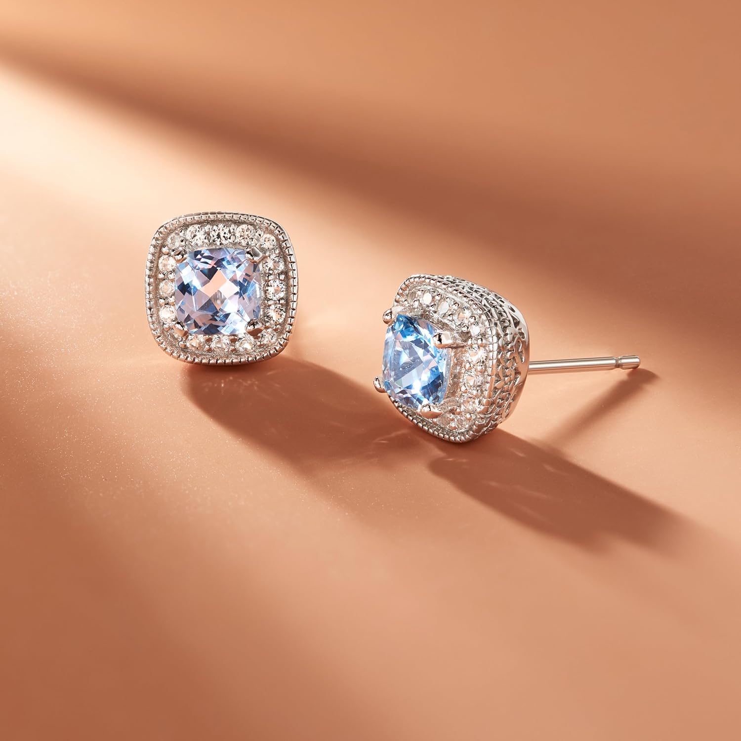 Amazon Essentials Sterling Silver Cushion Cut Birthstone and Created White Sapphire Halo Stud Earrings
