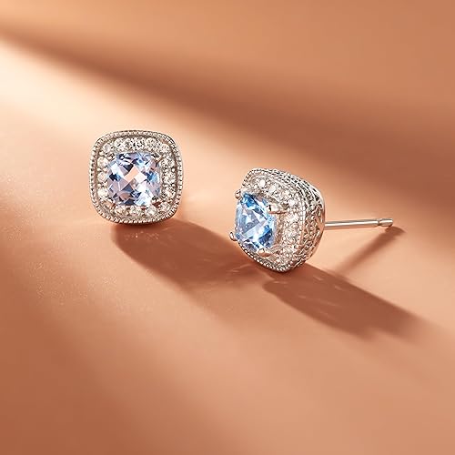 Miniatura 9 de Aretes con broche de plato esterlina con piedra natal con corte Asscher con un halo de zafiro blanco