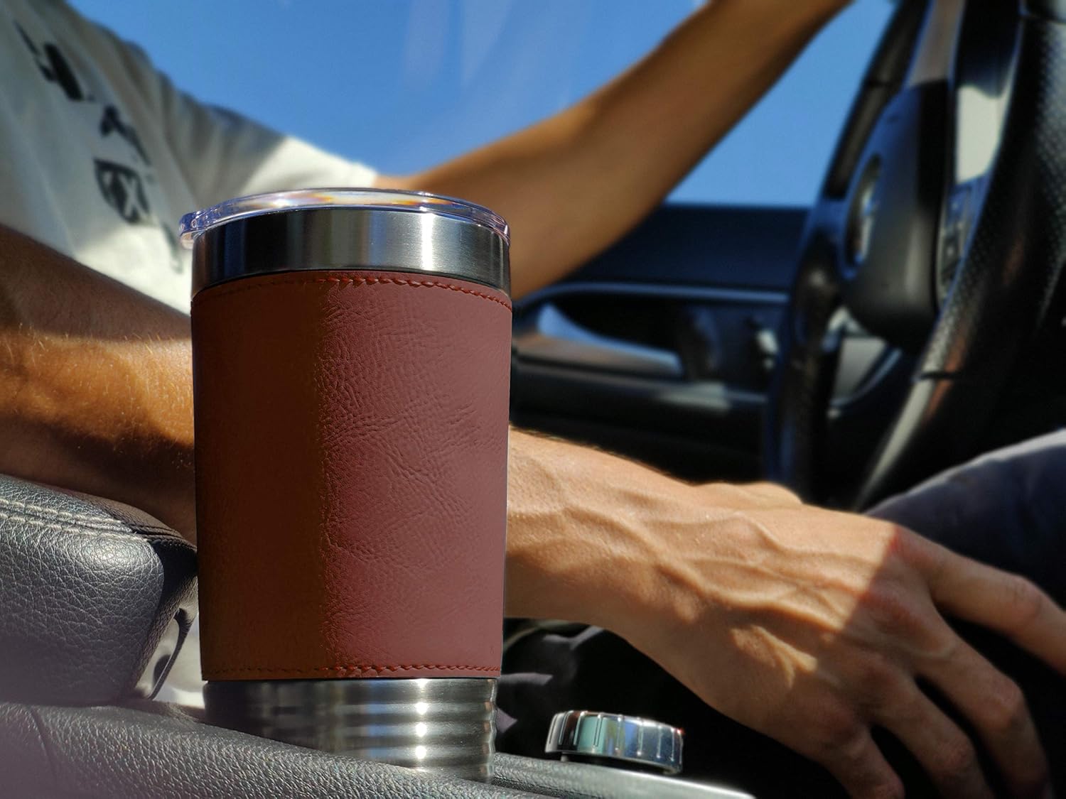 LaserGram 20oz Vacuum Insulated Tumbler Mug, Horseshoe Plain, Personalized Engraving Included (Faux Leather, Dark Brown)