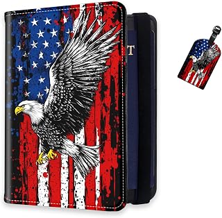RFID Passport Holder for Travel with Luggage Tags, PU Leather Passport Wallet with Multiple Card Slots, American Flag with Eagle Travel Passport Case for Men & Women