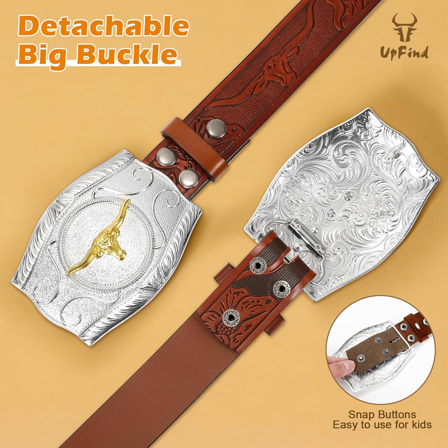 Kids Western Leather Belt for Boys Girls Youth Embossed Cowboy Belt with Silver Longhorn Buckle for Jeans 1.5" Wide - Image 2