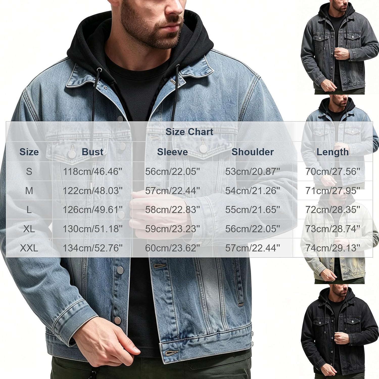 Men Hooded Denim Jacket Long Sleeve Button Front Loose Fit Coat Fall Winter Casual Street Outerwear with Pockets