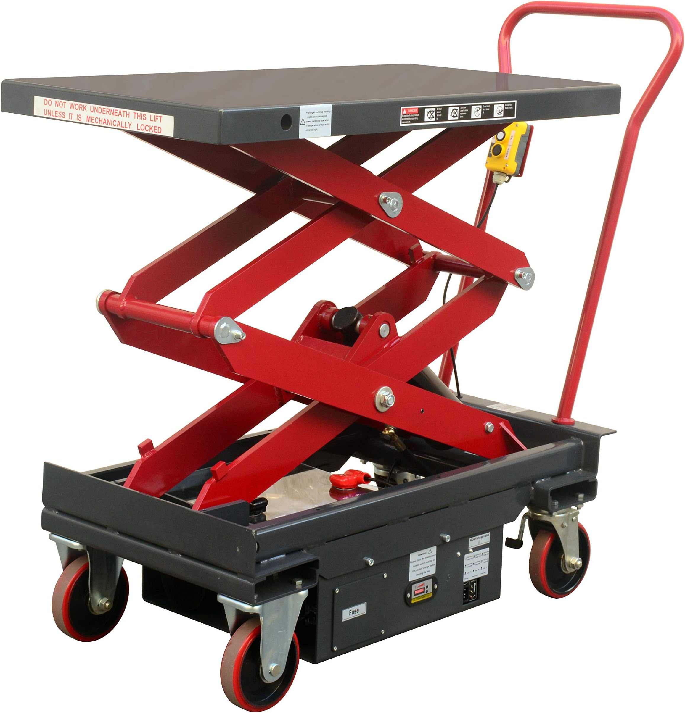 DC Powered Double Scissor Lift Table, 2000 lb. Cap, 39.75" x 20.5” Platform, 19.5" - 57" Lift Range – Functional Heavy Duty Work Bench Table