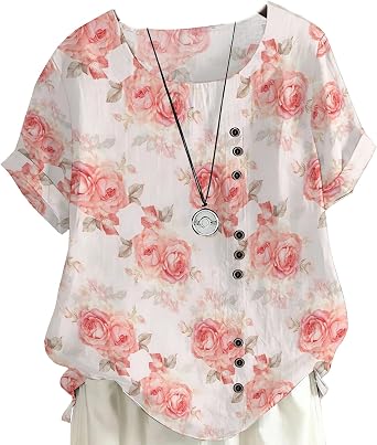Women Floral T Shirts Art Print Oversized Pullover Tee Crewneck Button up Tee Casual Short Sleeve Round Hem Tops