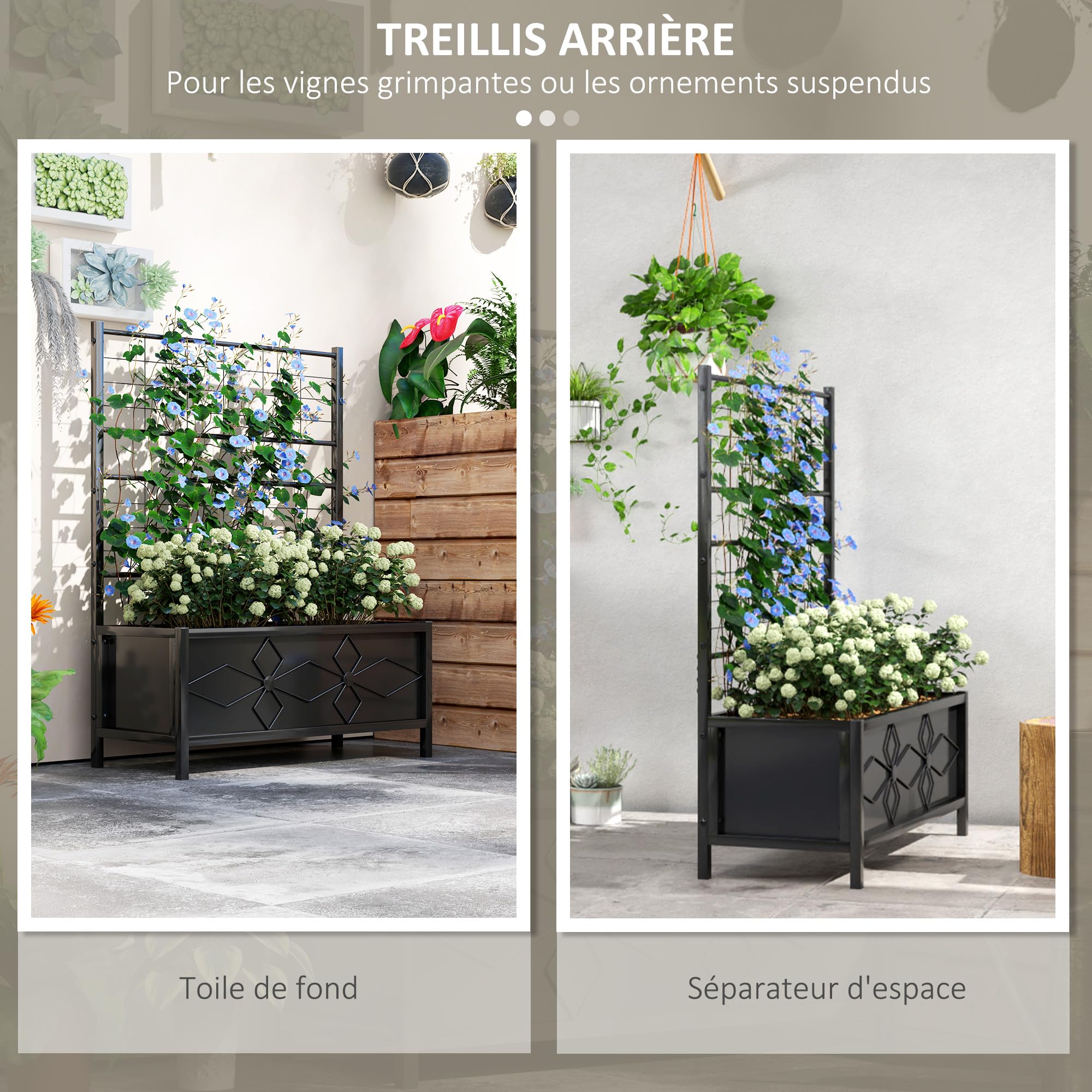 Outsunny Jardinière avec Treillis Lit Surélevé de Jardin 90x40x120 cm Noir | Jardinière Extérieure, Motif en Losanges, Trous de Drainage, Bac à Fleurs en Acier Galvanisée, pour Balcon Terrasse Patio