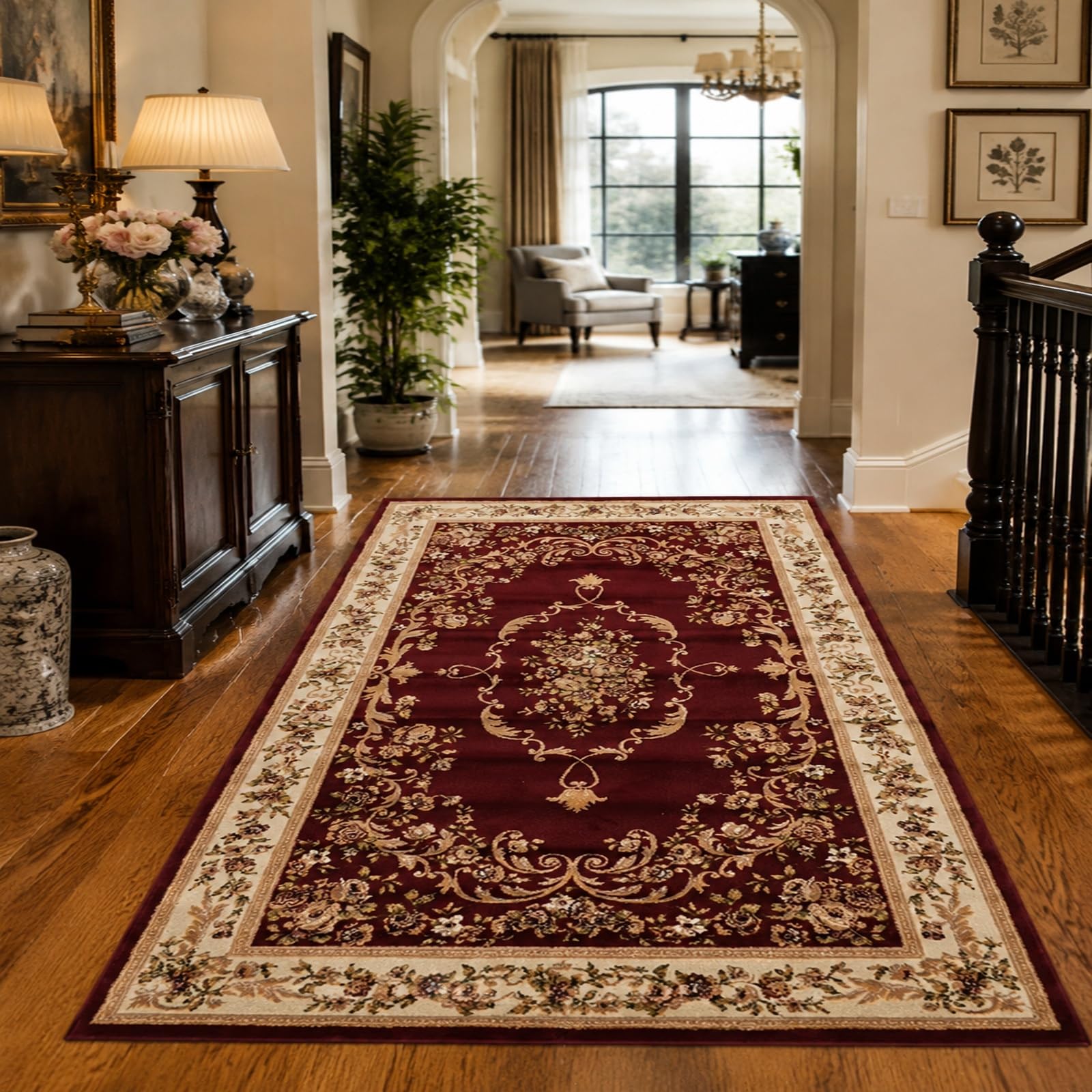 Tapis floral oriental rouge et beige 200x250cm rectangulaire pour salon élégant