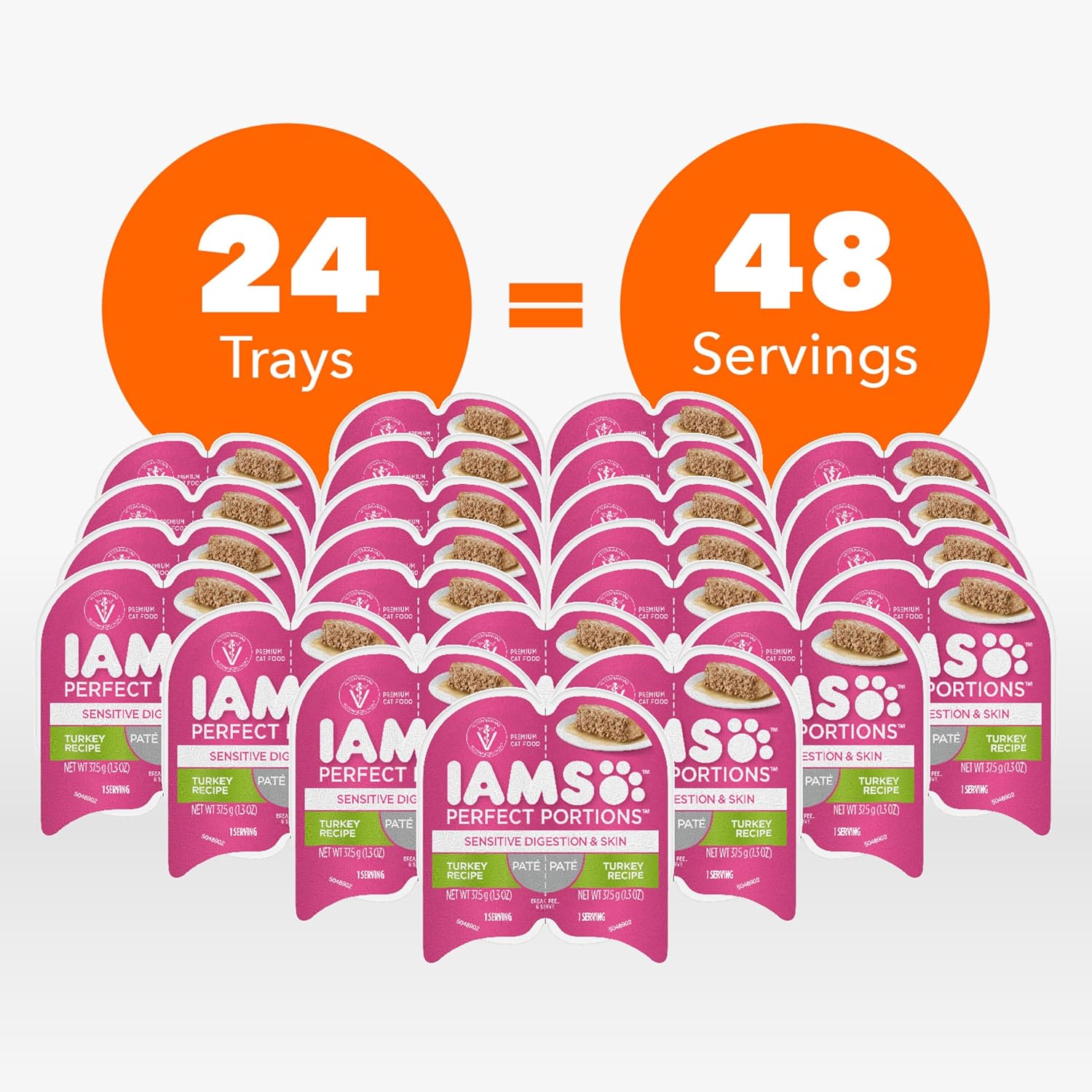 IAMS Perfect Portions Sensitive Digestion & Skin Wet Cat Food Pate, Adult Grain Free Pate, Turkey Recipes, (24) 2.6 oz. Twin-Pack Trays