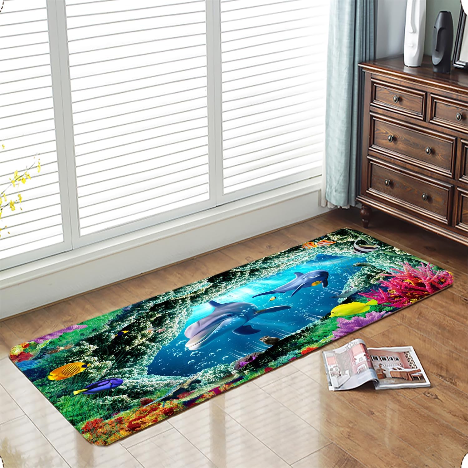 LYFANS Memory Foam Bath Mat, Non Slip Absorbent Flannel Bathroom Rug, 18" x 47" Soft Washable Shower Floor Mat Dolphin Underwater World, Decorative Bath Rugs for Bathroom, Kitchen, Entryway, Bedroom