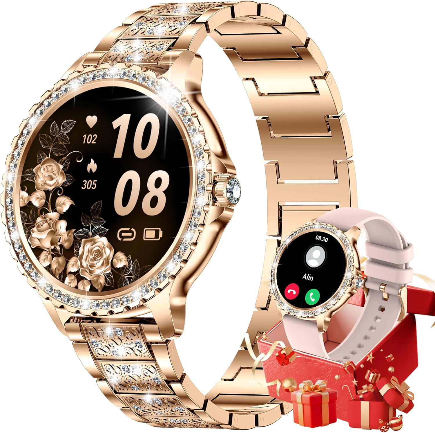 Smartwatch Damen mit Telefonfunktion, 1.32" Armbanduhr mit Diamanten, Fitnessuhr für Android iOS, Menstruationszyklus/Herzfrequenz/Schrittzähler, 500+ Ziffernblätter, 2 Armband, Rosegold