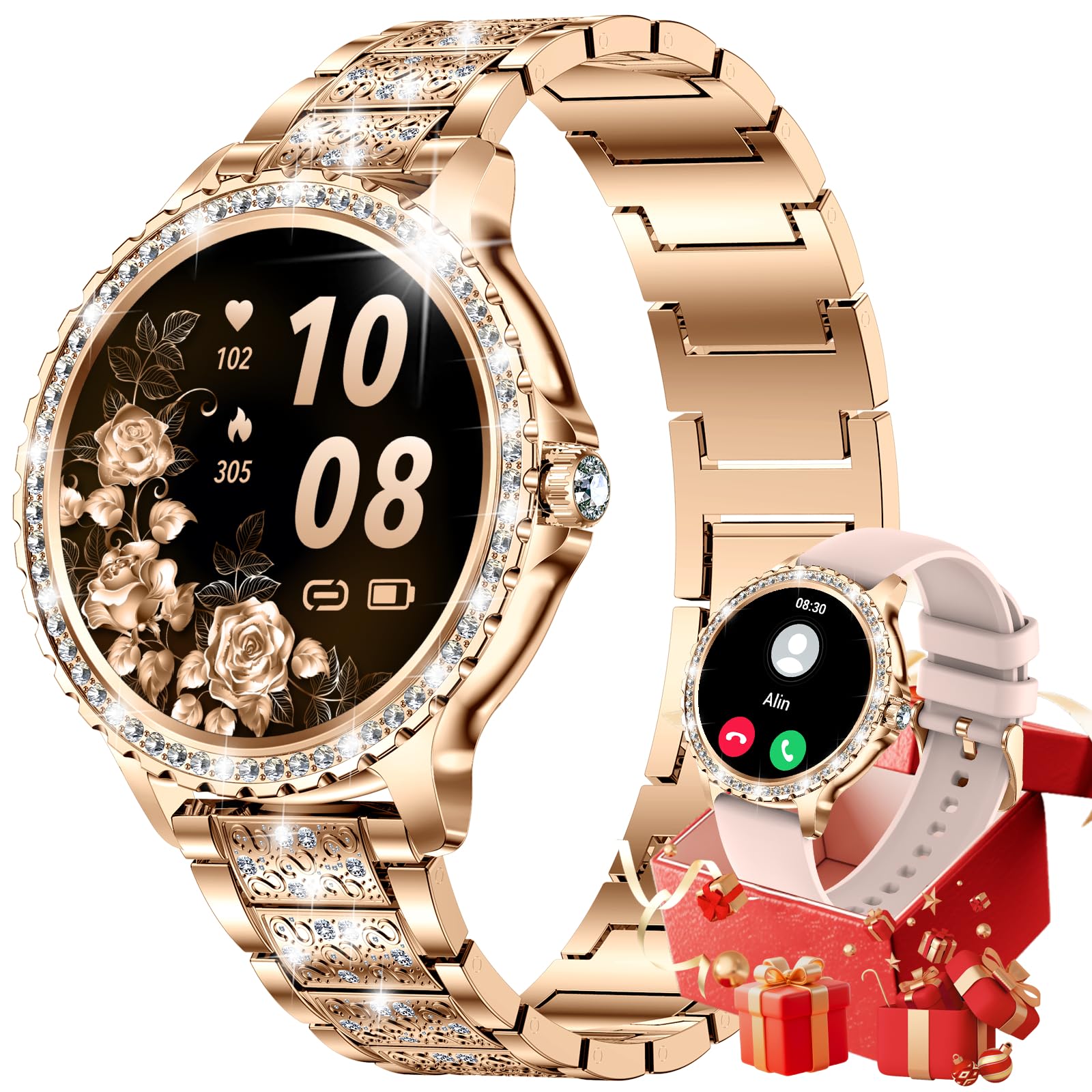 CHOOSETIME Smartwatch Damen mit Telefonfunktion, 1.32" Armbanduhr mit Diamanten, Fitnessuhr für Android iOS, Menstruationszyklus/Herzfrequenz/Schrittzähler, 500+ Ziffernblätter, 2 Armband, Rosegold