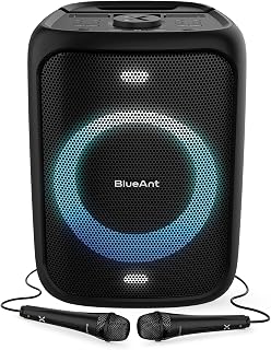 BlueAnt X5 Portable Bluetooth Party Speaker, 60W Peak Power, Includes 2 Wired Microphones, Up to 20Hrs Playtime, Bass Boost, LED Lights, Duo Mode Pairing, Black