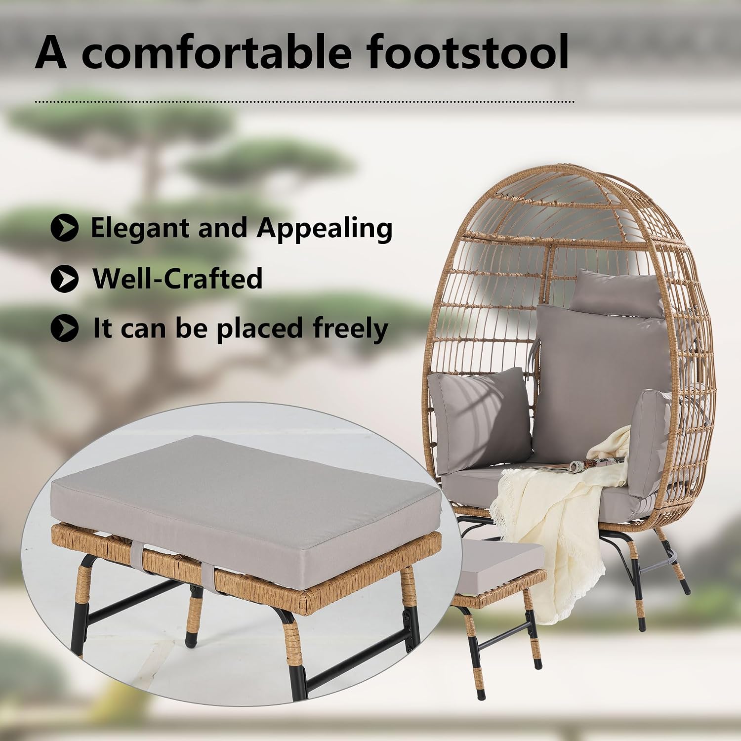 Wicker Egg Chair with Ottoman,Indoor Outdoor Egg Chair Oversized Basket Lounge Chair with Cushion Footrest for Porch, Backyard, Balcony