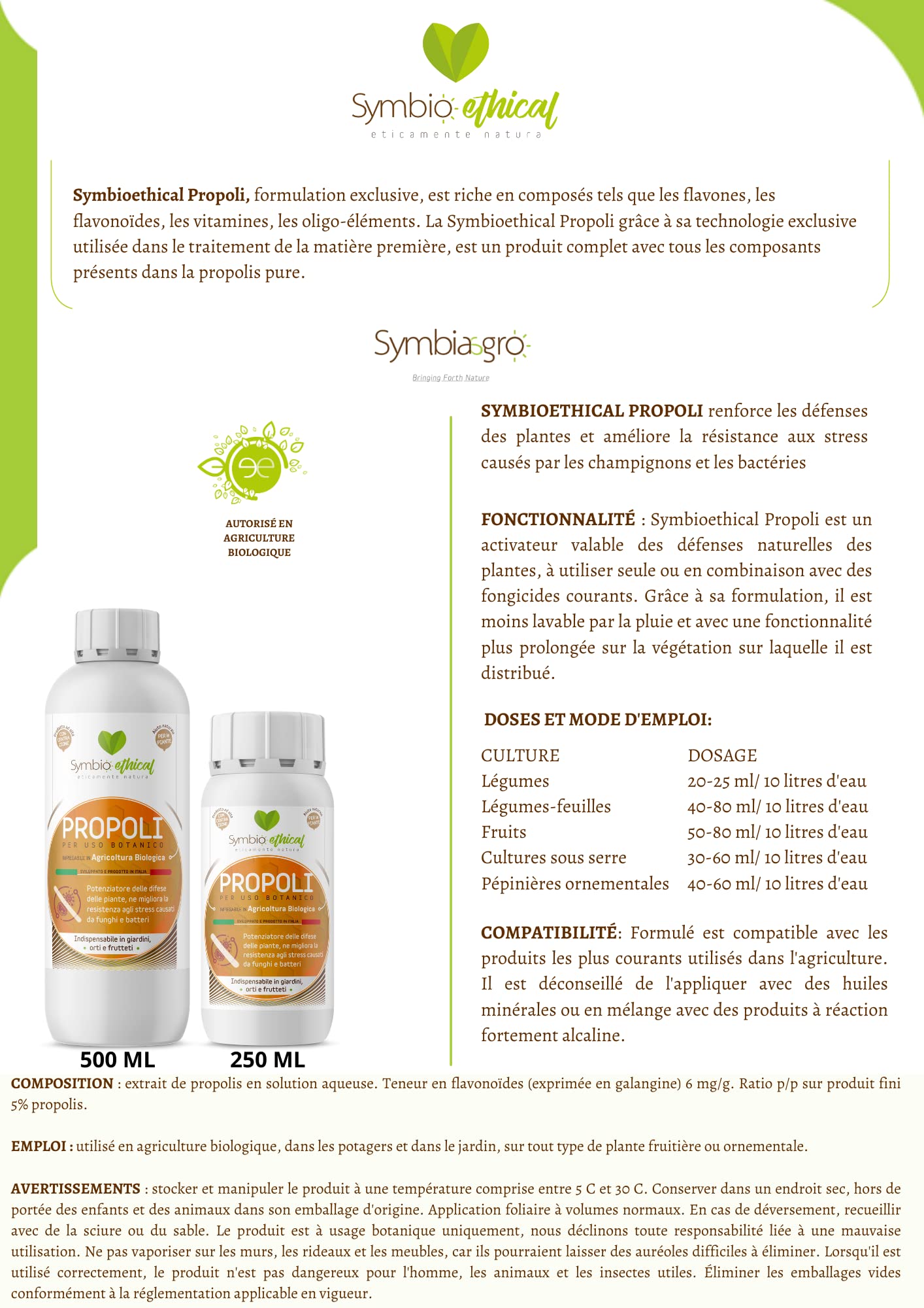 SYMBIOETHICAL - PROPOLI, Renforçateur Naturel de la Protection des Plantes, Haute Concentration, pour l'Agriculture Biologique, Made in Italy, 500 g