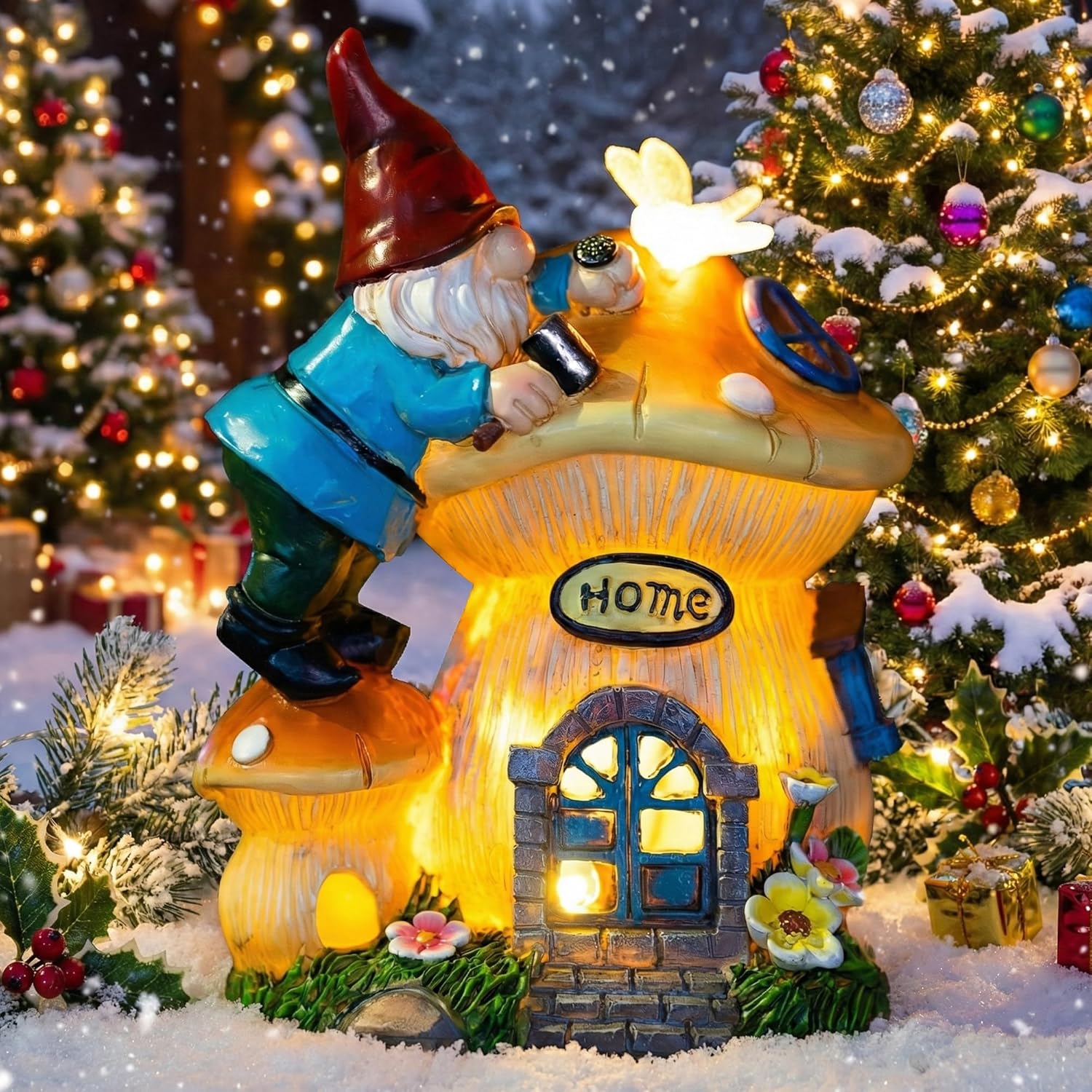 Garden Gnome Statues Figurine Lights - Solar Powered Lighting Outdoor Decorations, Gnome Build Mushroom Fairy House, Yard Art Lawn Ornaments for Porch Patio Balcony - Gnome Gifts for Women Mom - Image 7