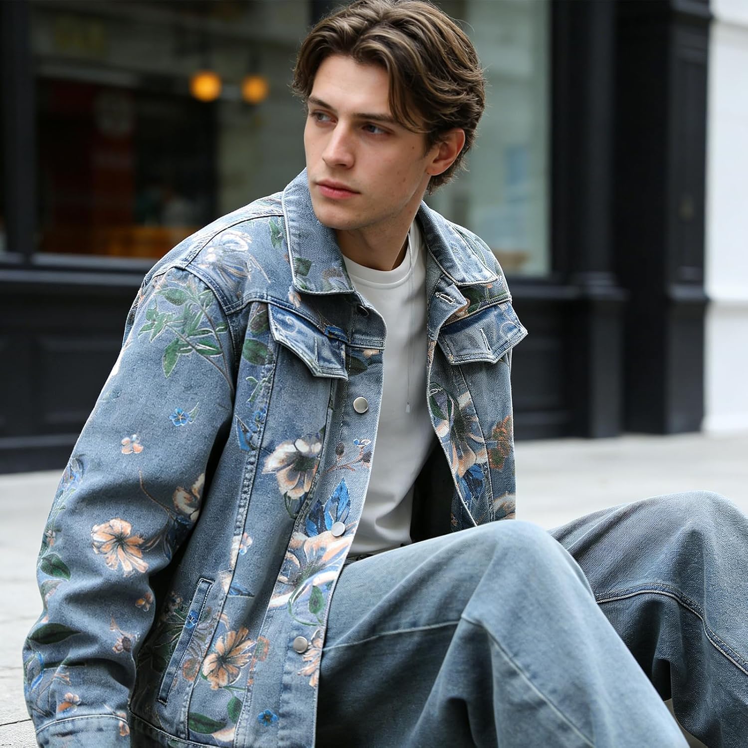 Mens Floral Print Denim Jacket Couple Oversized Jean Coat Unisex Basic Jacket - Image 2
