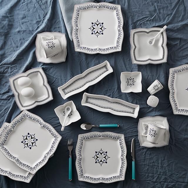 Karaca 32 Piece Porcelain Breakfast Serveware Set, 4 Settings with 2 Free, Dinner Service, Soup Bowls, Cheese Plate, Tea Cup, Dinner Plate, Porcelain Crockery Set Unique Design, Practical