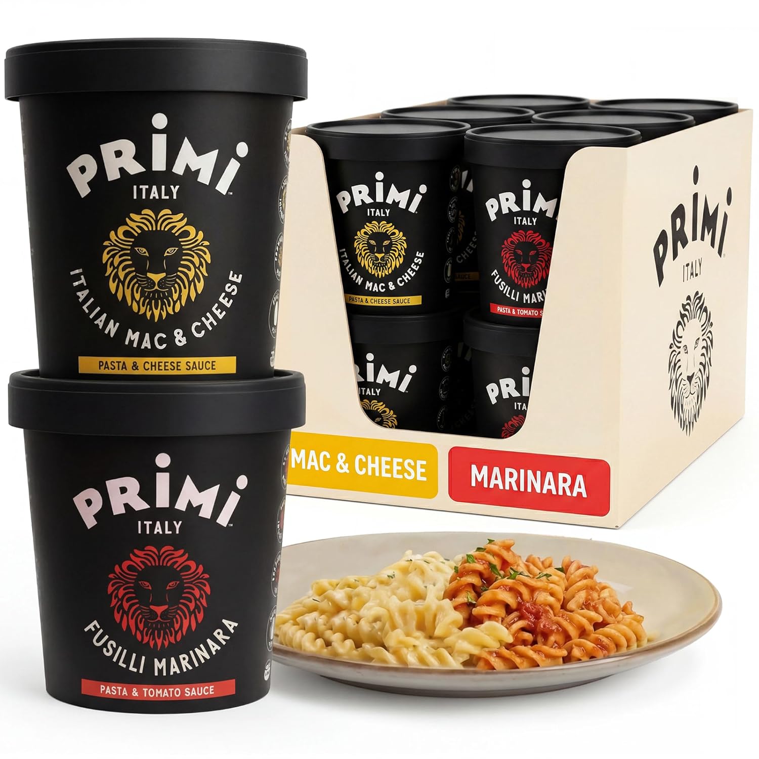Primi Italian Pasta Cup - 6 Mac & Cheese and 6 Marinara - 12 Pack - Made in Italy - Non-GMO Easy Meals, No Refrigeration, Shelf Stable Instant Go Cups, Ready in 3 Minutes Lunch Food - Ready Pasta