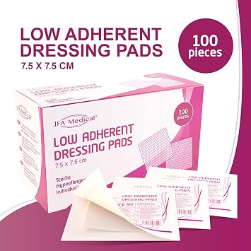 JFA Medical Low Adherent Sterile Absorbent Wound Dressing Pad - Pack of 100 (7.5cm x 7.5cm)
