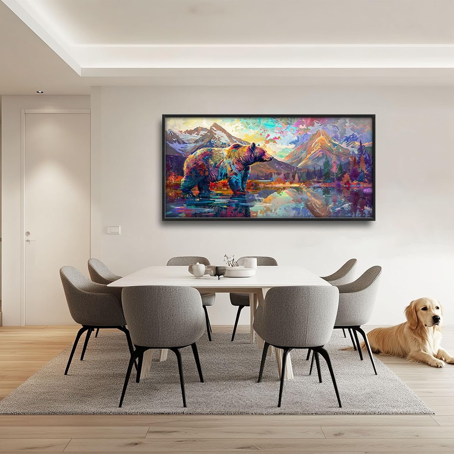 Bear Large Wall Art Abstract Bear Mountain Pictures Wall Decor Lake Landscape Canvas Print Painting Modern Artwork Home Decoration for Living Room Bathroom Bedroom Office Framed 60"x30" 60"L x 30"W Bear