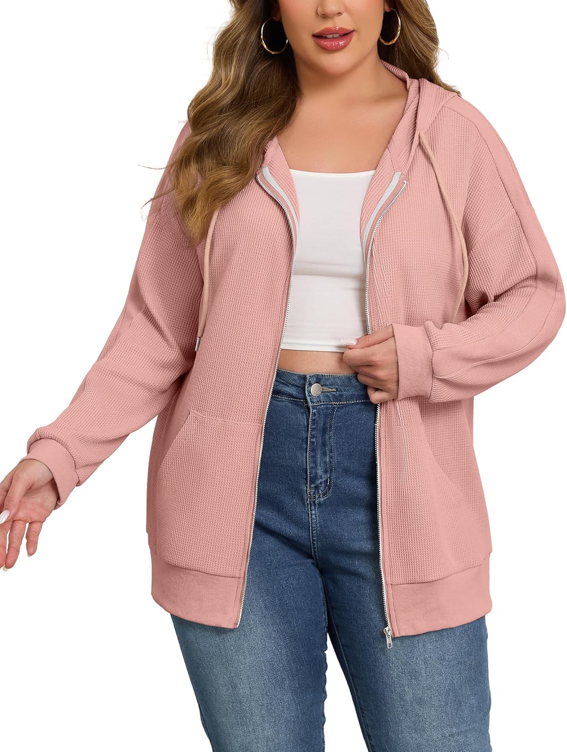 FOREYOND Plus Size Zip Up Hoodies for Women Long Sleeve Lightweight Waffle Jacket Casual Hooded Sweatshirt with Pockets