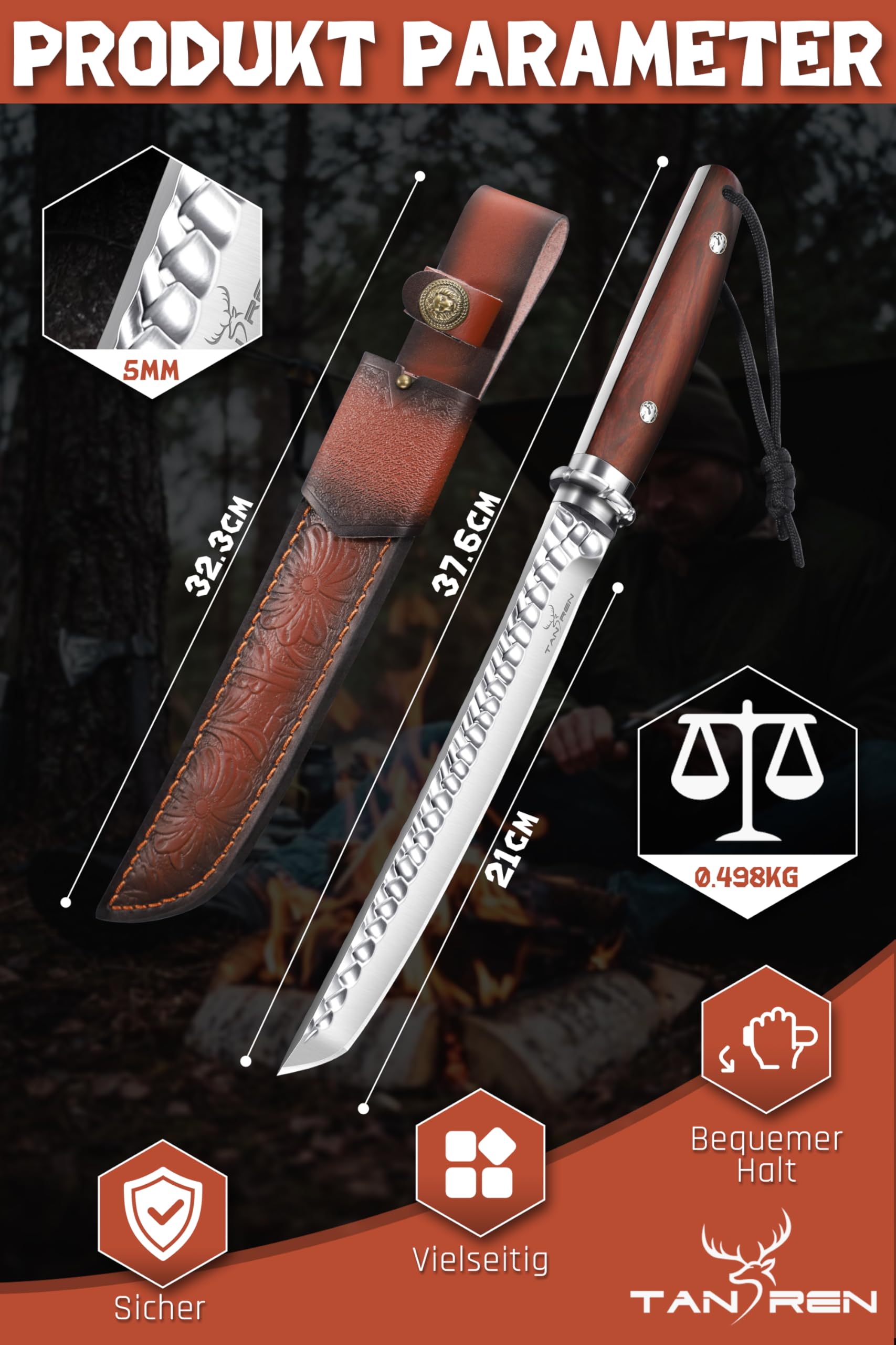 TAN REN Nóż survivalowy 21 cm Full Tang, nóż myśliwski ze skórzaną pochwą, ostry nóż myśliwski ze stałym ostrzem, nóż survivalowy D2 do użytku na zewnątrz