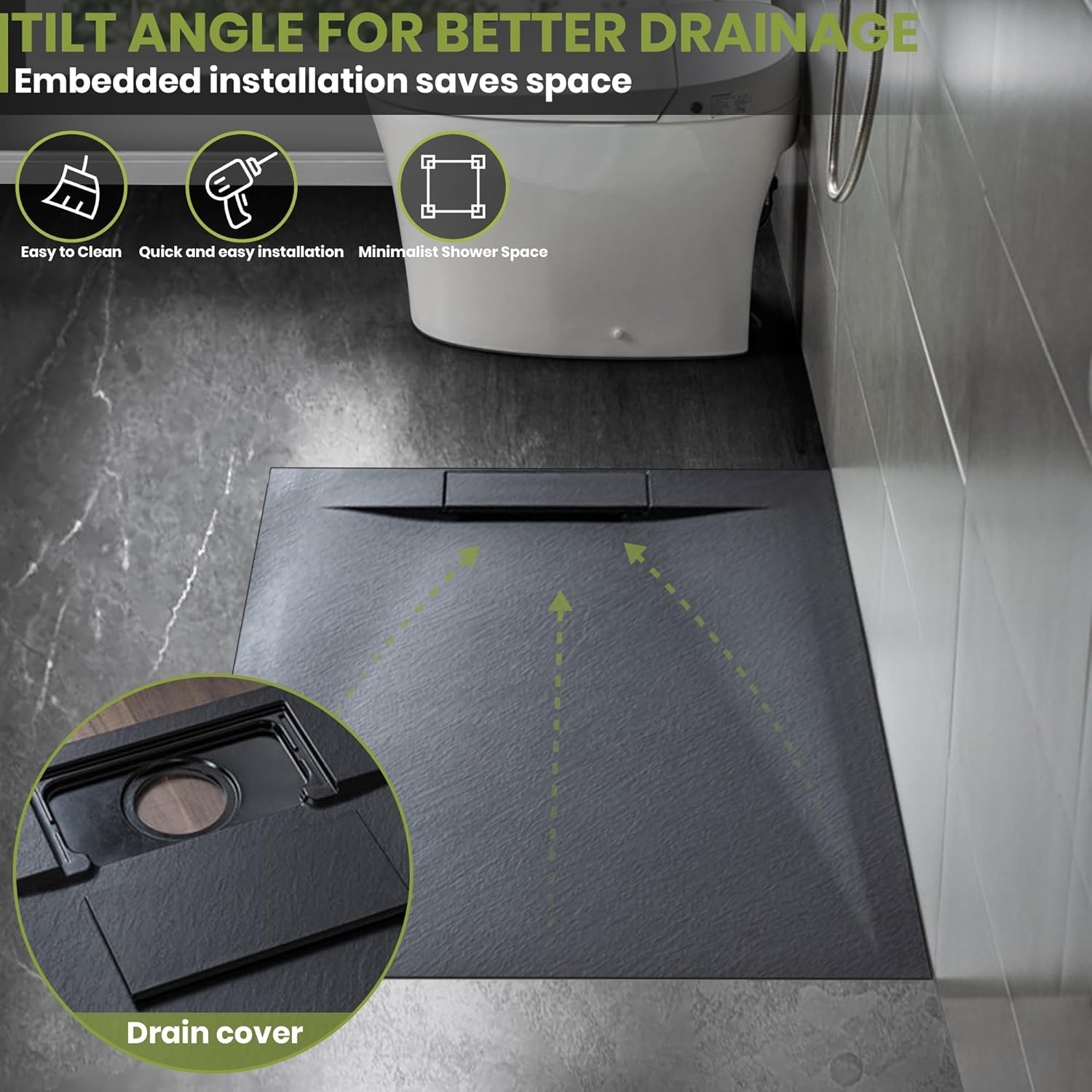 60'' L x 32'' W Shower Base with Drain Cover, Black SMC Shower Tray for Bathroom, Waterproof Leakproof Modern Shower Pan
