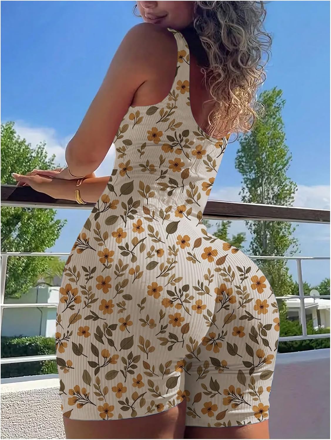 Milumia Women's Boho Floral Scoop Neck Sleeveless Rompers Comfy Rib Kit Shorts Jumpsuit - Image 2