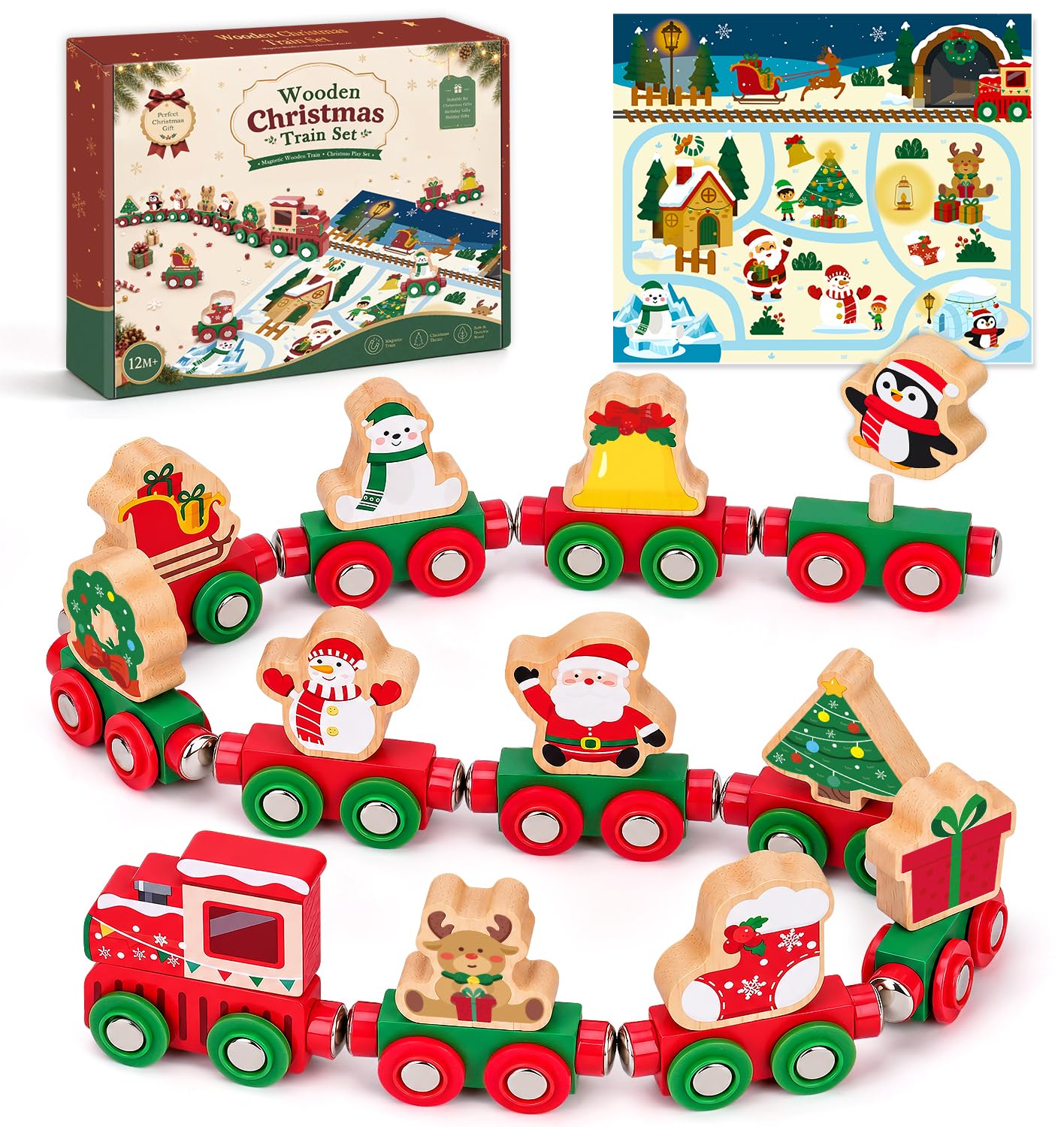 Toddler Wooden Toys for 1 2 3 Year Old Boys, Magnetic Christmas Train Set