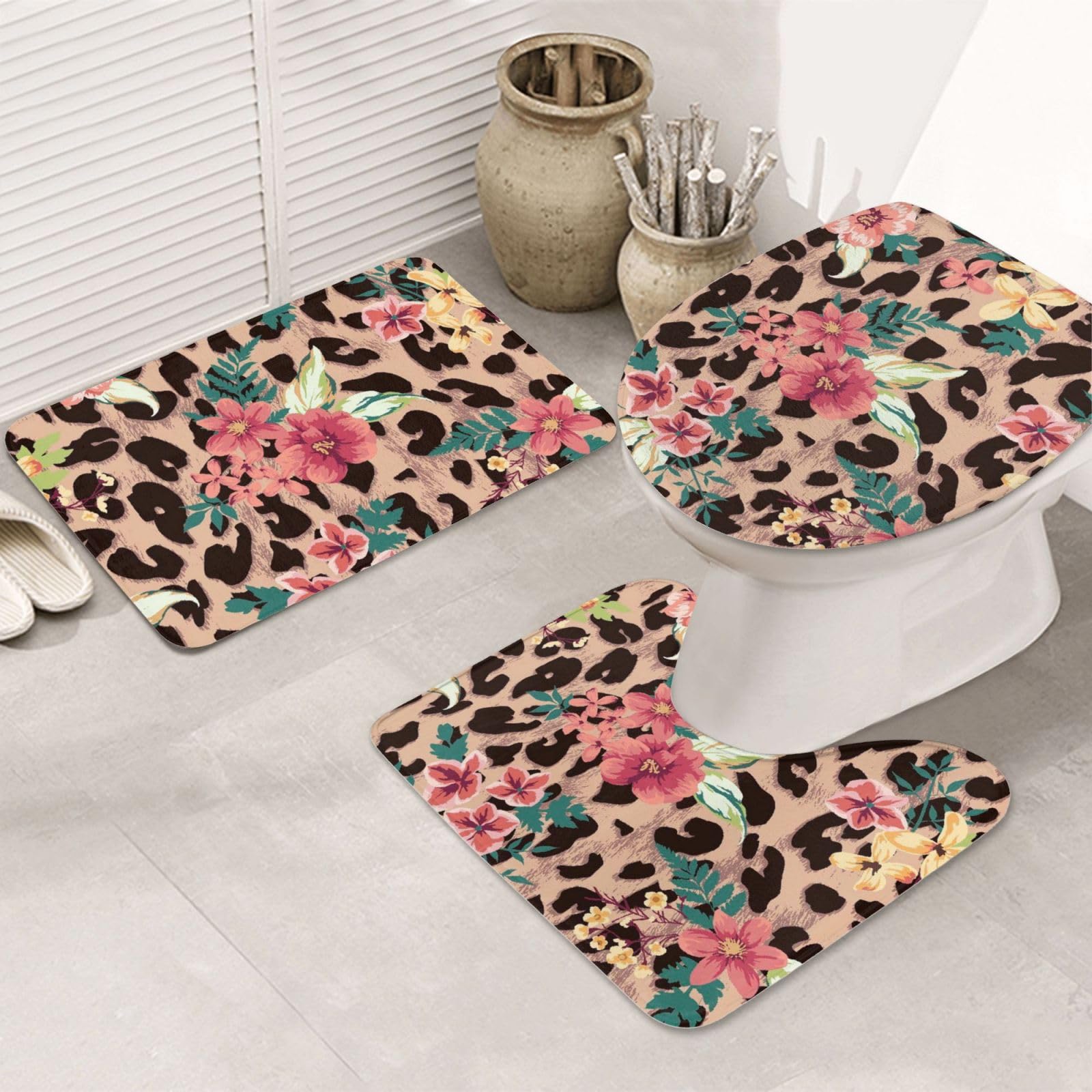 Tapis de salle de bain léopard vintage ensemble de 3 pièces déco