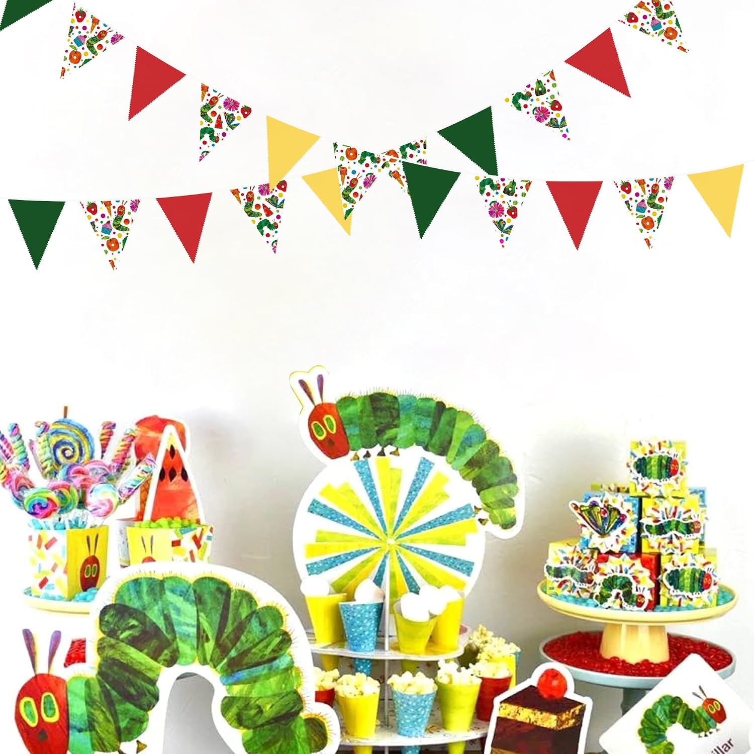32Ft Caterpillar Party Decorations Green Yellow Red Hungry Caterpillar Themed Fabric Banner Triangle Pennant Flag Garland Streamers for Fruit Birthday Outdoor Garden Decor Supplies