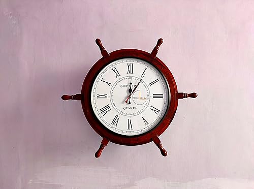 Miniatura 4 de DnU Avenue Reloj de pared de madera hecho a mano con rueda de barco para decoración del hogar y la oficina hecho a mano con madera natural