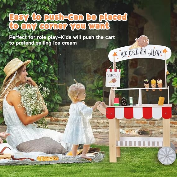 labebe Wooden Ice Cream Cart for Kids, Toddler Ice Cream Truck Pull-Along Pretend Play Stand for 3-8Y, Children Role Play ice cream toy Trolley with Blackboard, ringbell, Ice-lolly for 36M+ Girls Boys