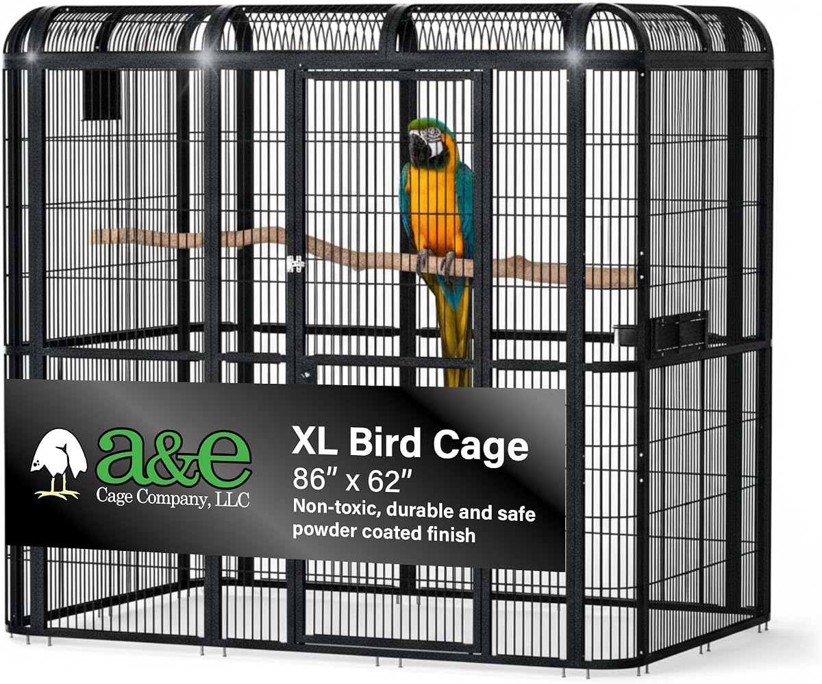 A&E Cage Co WI8662 Walk-in Bird Aviary for Parrots, 86"x62"x79" Black | Key-Lock 69"x25" Front Door, 3 Feeder Doors, Stainless Steel Bowls, Powder-Coated Finish, Room for Large Parrots