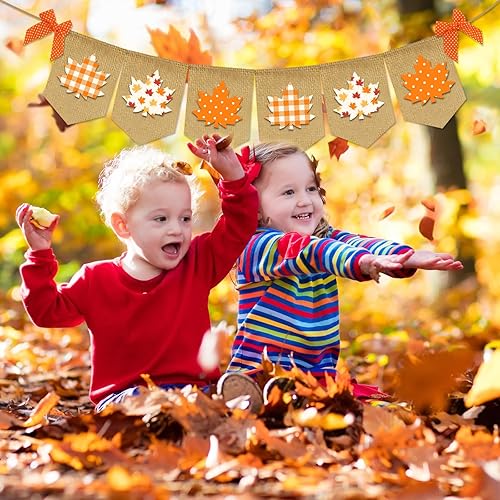 Miniatura 4 de Whaline Cartel de otoño de hoja de arce, pancarta de arpillera de hojas de punto a cuadros naranjas, guirnalda de banderines de hojas de lunares