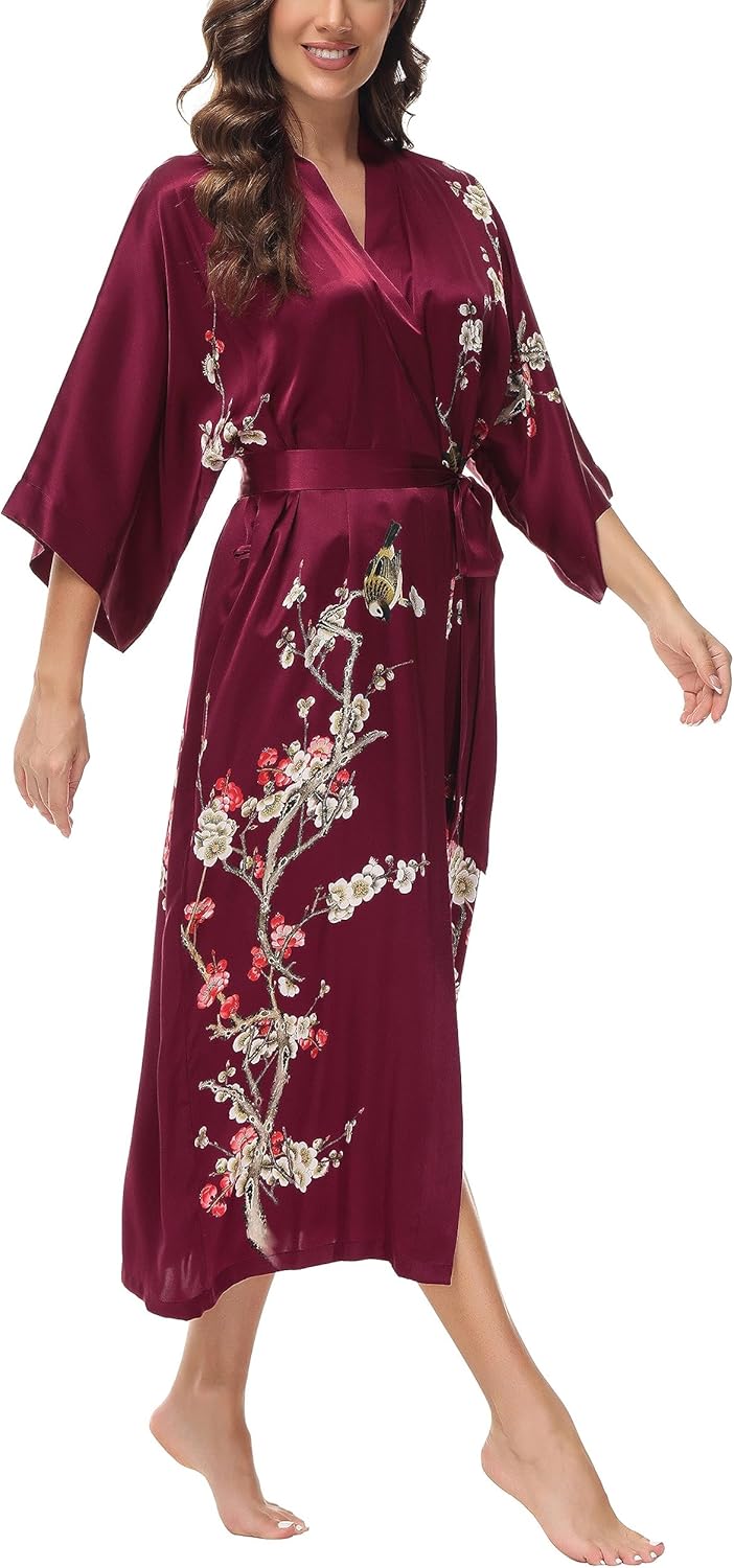 OSCAR ROSSA Women's Mulberry Silk Sleepwear 100% Silk Charmeuse Floral Printed Long Kimono Robe - Image 3