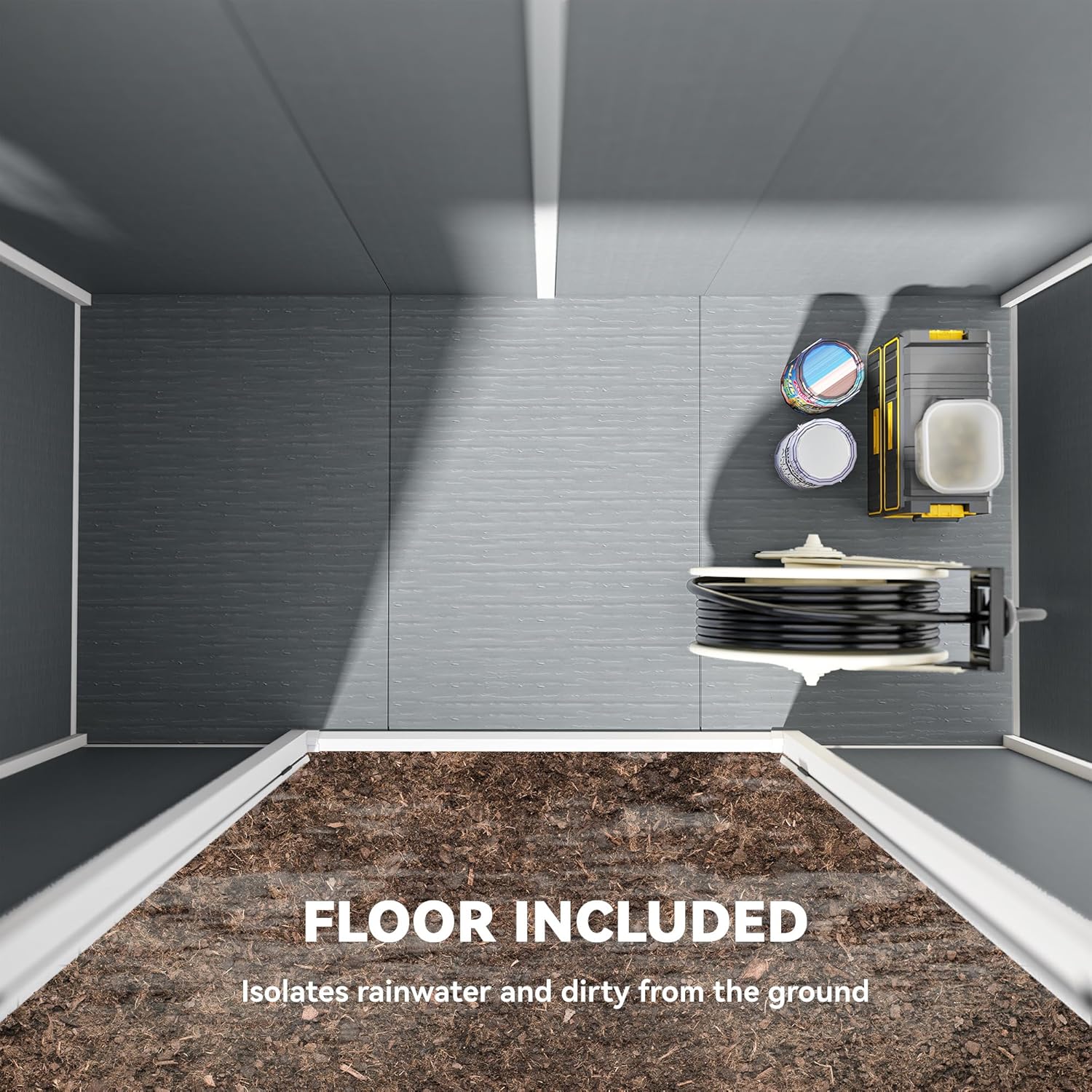 Overhead view showing the integrated floor of the shed, designed to isolate contents from ground moisture and dirt.
