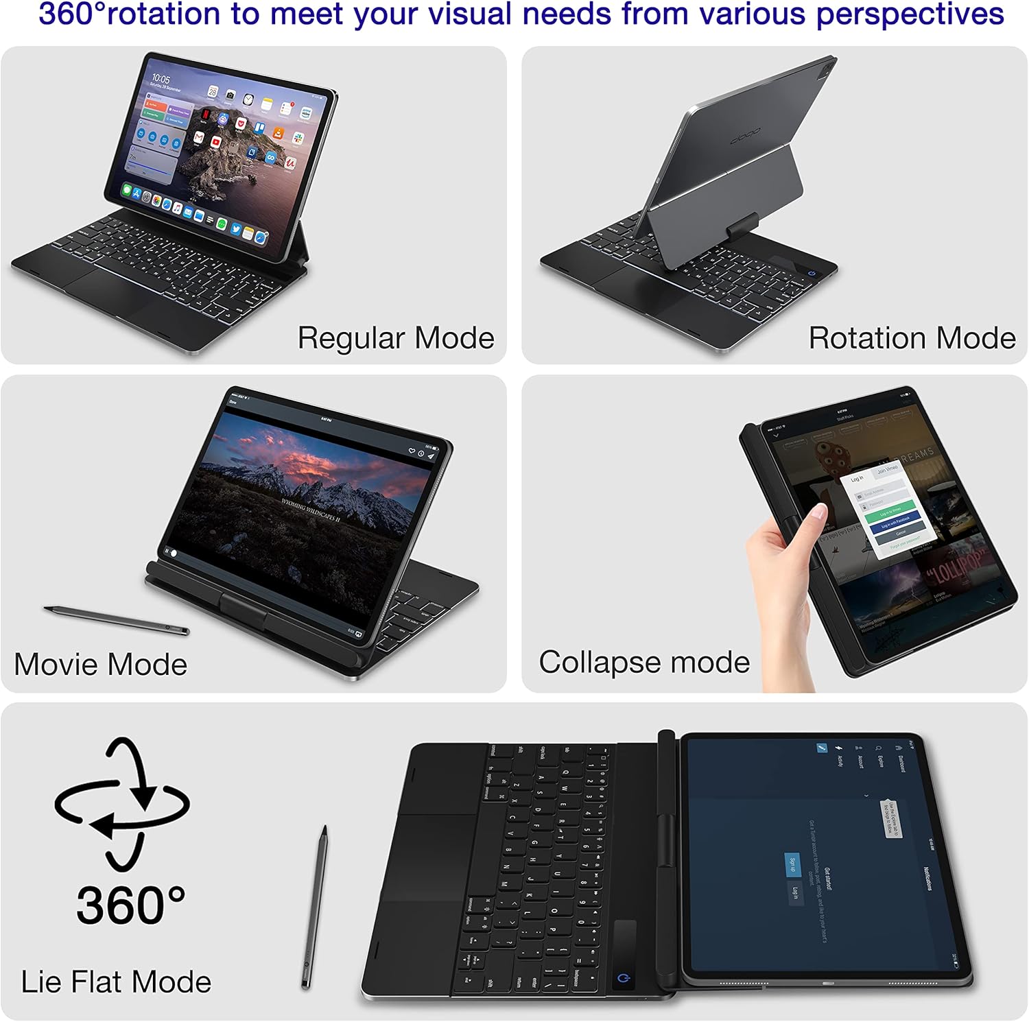 doqo Keyboard case for iPad Air 11(M2) 2024,Air 5th,4th and iPad Pro 11(4th,3rd,2nd,1st Gen) with Touchpad Backlit,360° Rotatable,Slim Metal Magnetic Floating Cantilever Stand
