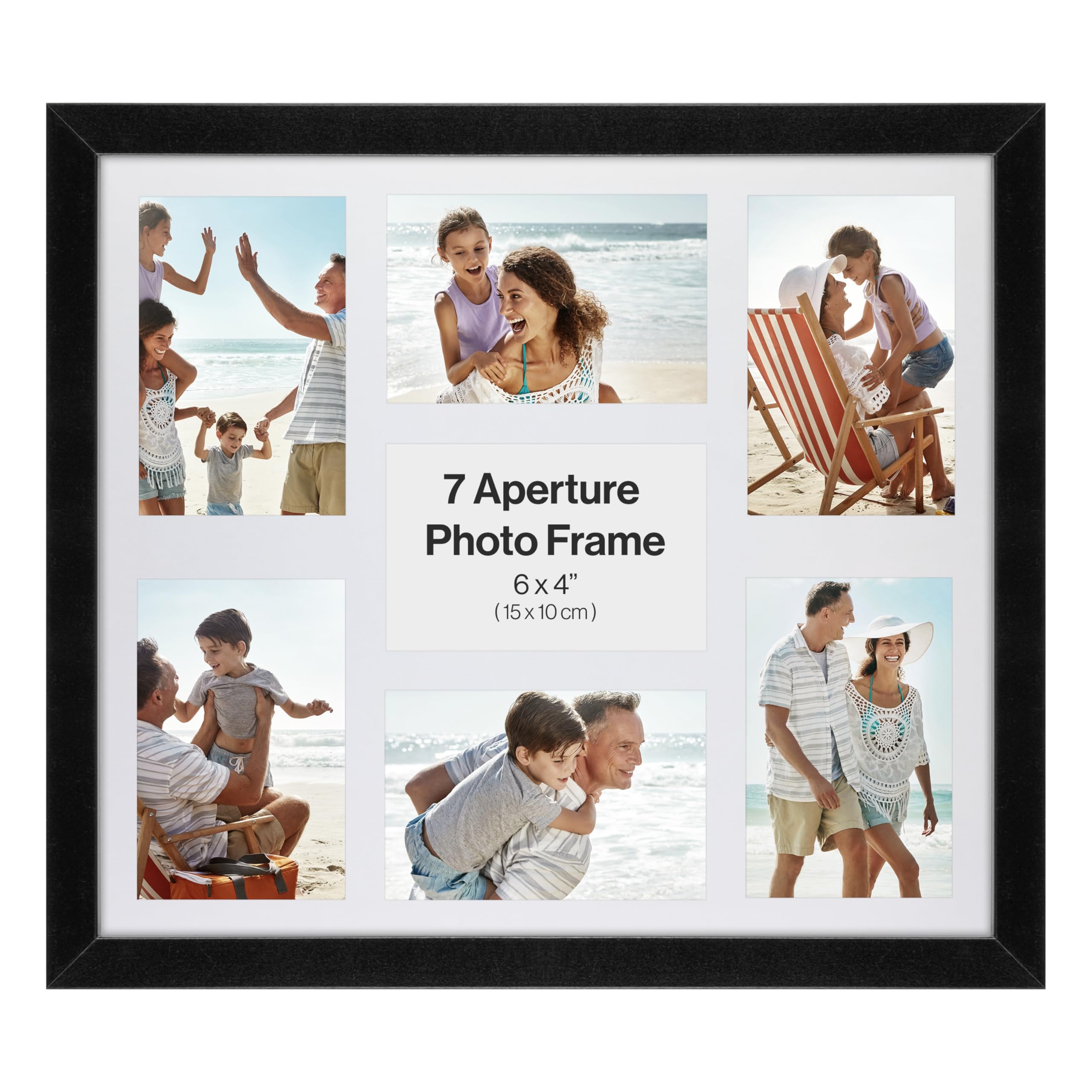 Contemporary Black 6x4 Wooden Multi Aperture Picture Frame, Holds 7 6x4" Photos or Pictures, Wall Mounted Landscape or Portrait.