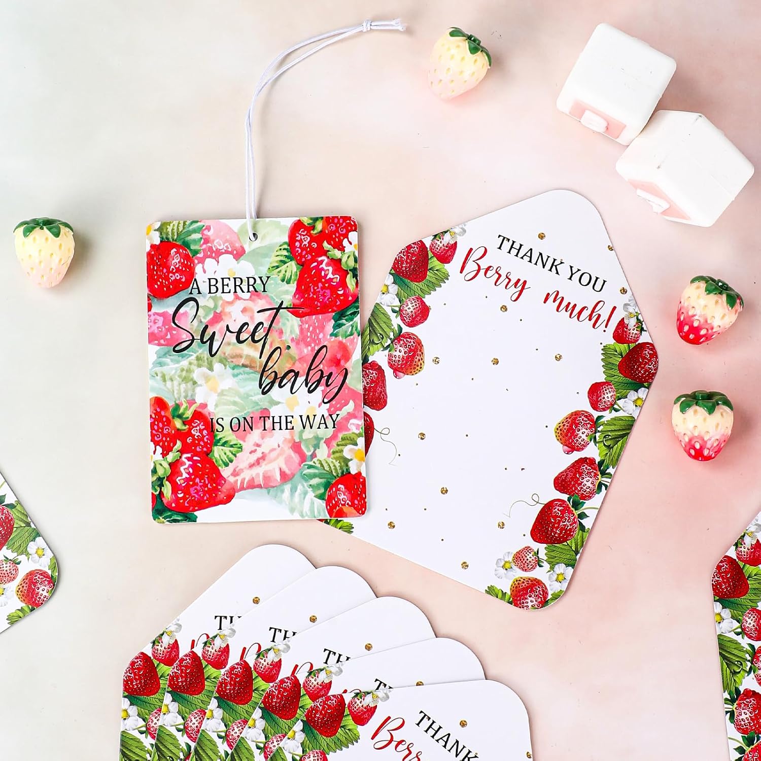 50 Sets Baby Shower Favors for Guests Strawberry Scented Sachets Bulk Berry Sweet Scented Air Freshener with Thank You Card Organza Bag Set for Baby Shower Return Gifts